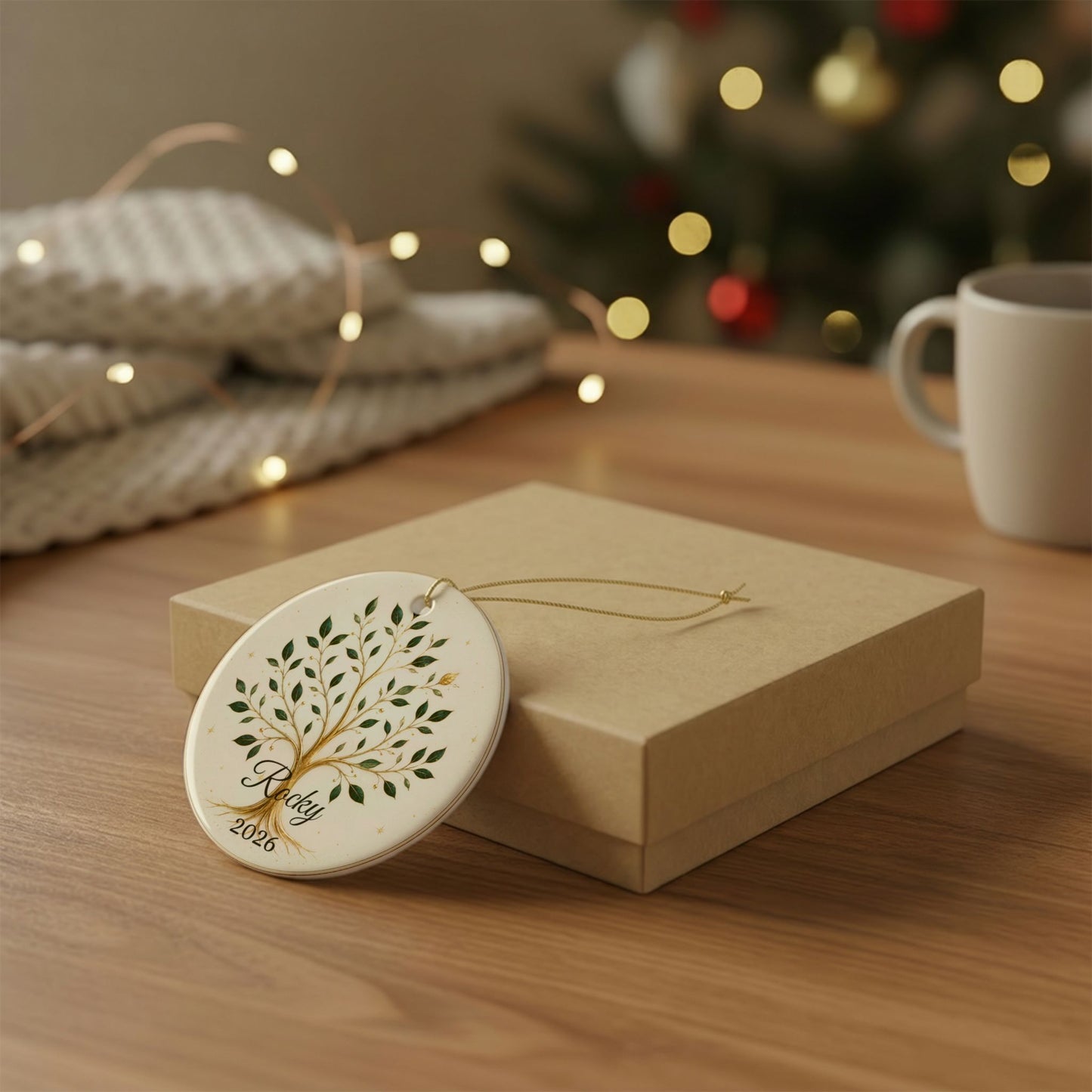 Gold Olive Tree with Name & Year Ceramic Ornament | Heart Ornament
