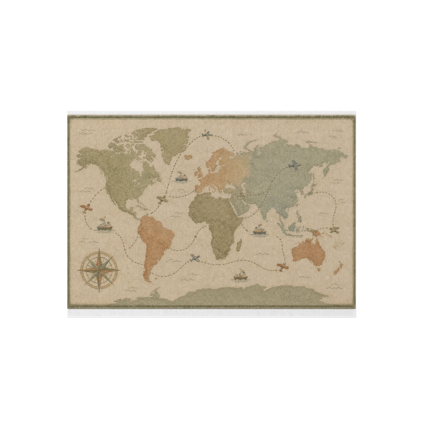 Vintage World Map Outdoor Rug | Nautical Compass, Ships, Travel Accent