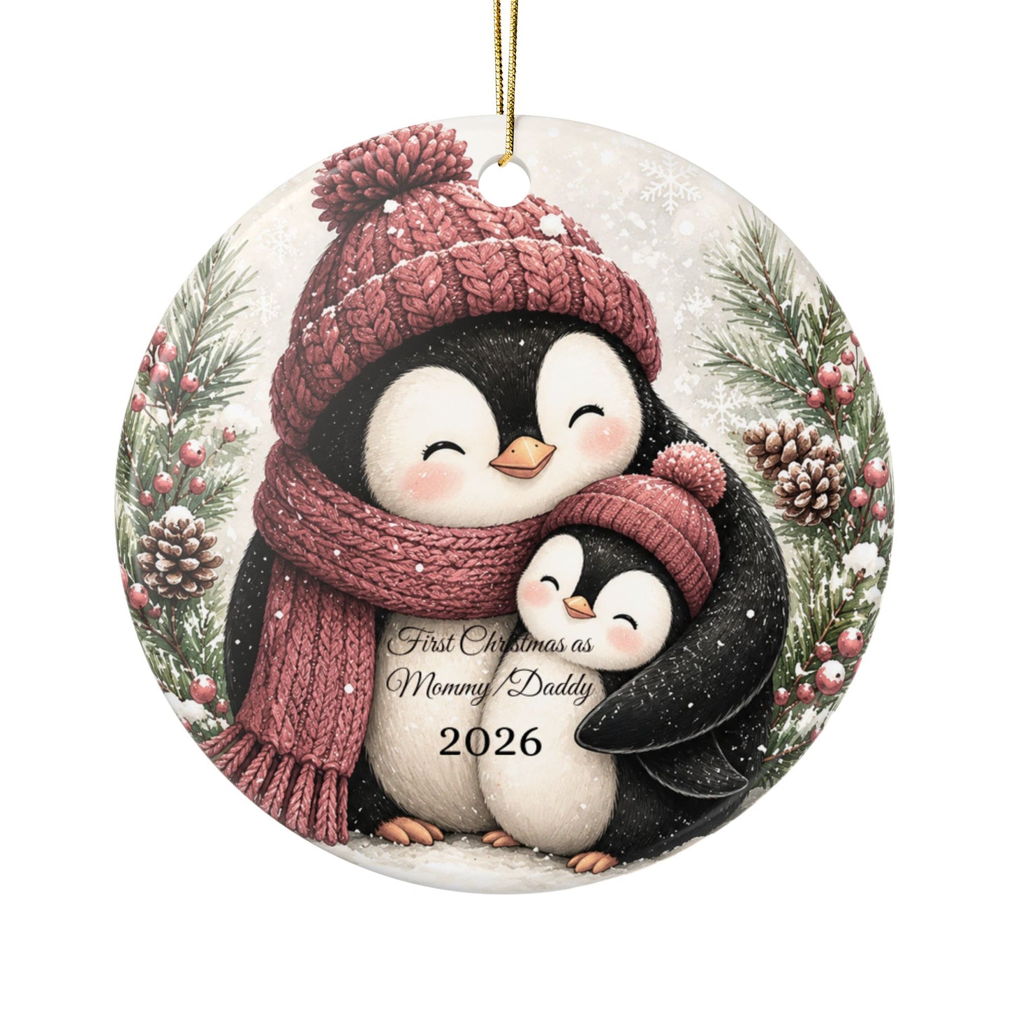 Penguin Family Hug Ceramic Ornament | 2026 Holiday Keepsake