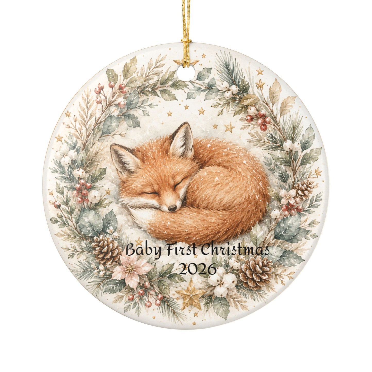 Sleeping Fox Heart Ornament ceramic, Baby First Christmas 2026 | Woodland Holiday Decor