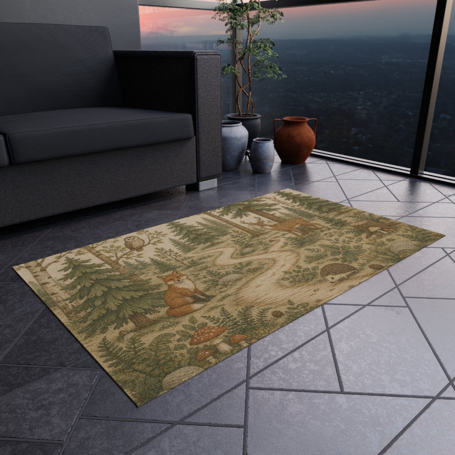 Woodland Animals Outdoor Rug | Fox, Deer, Owl Trail Scene