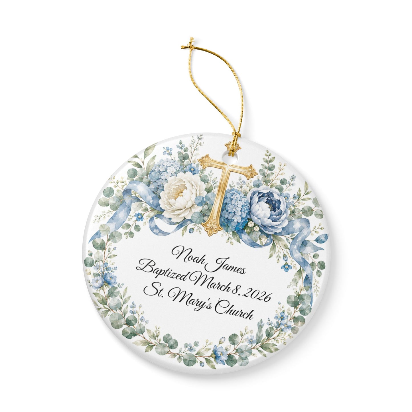 Personalized Baptism Ornament for Boy, Blue Cross Christening Keepsake with Name & Date, Ceramic Godson Gift, Baby Dedication Ornament