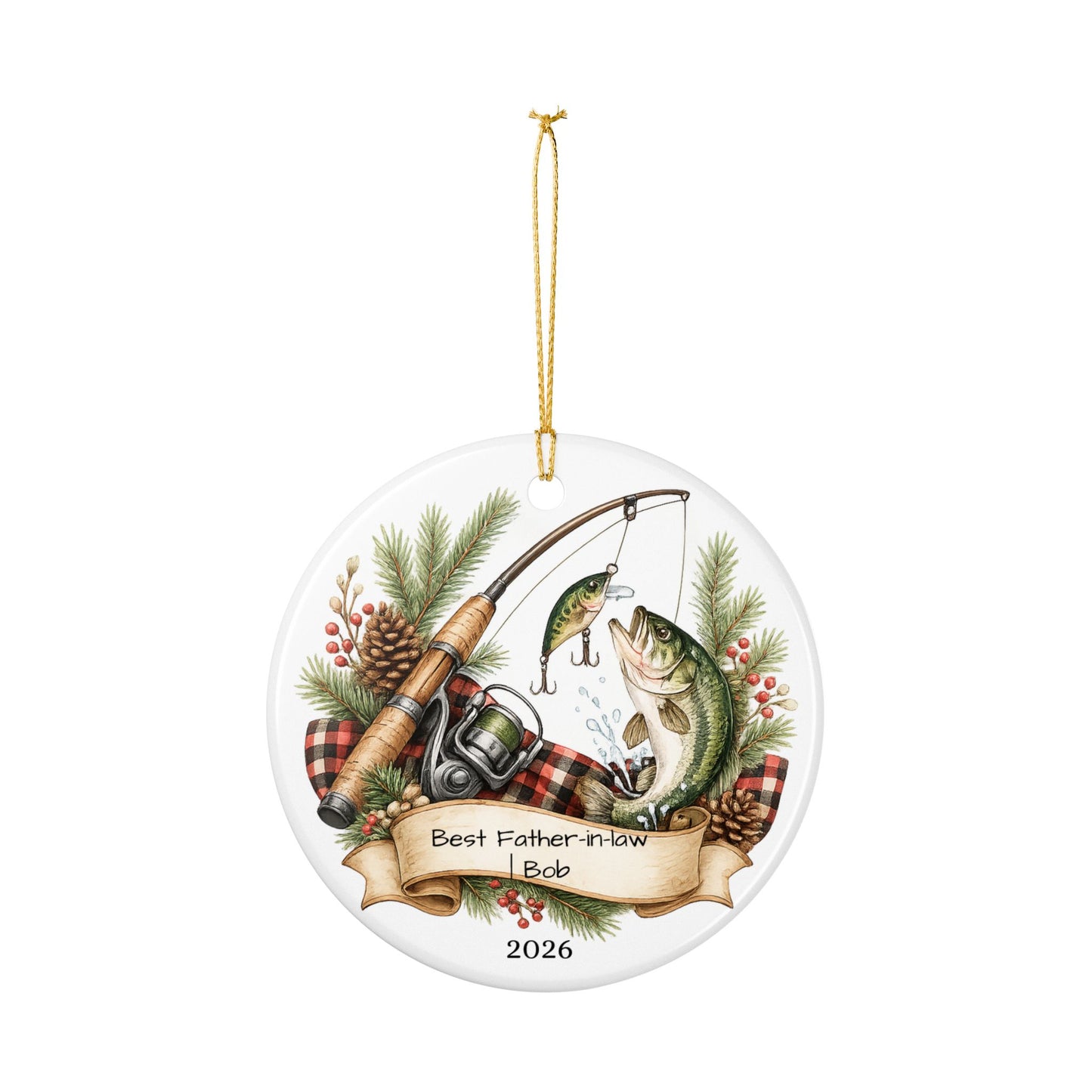 Fishing Father in Law Ornament Personalized, Rustic Ceramic Keepsake with Name, Fisherman FIL Gift 2026