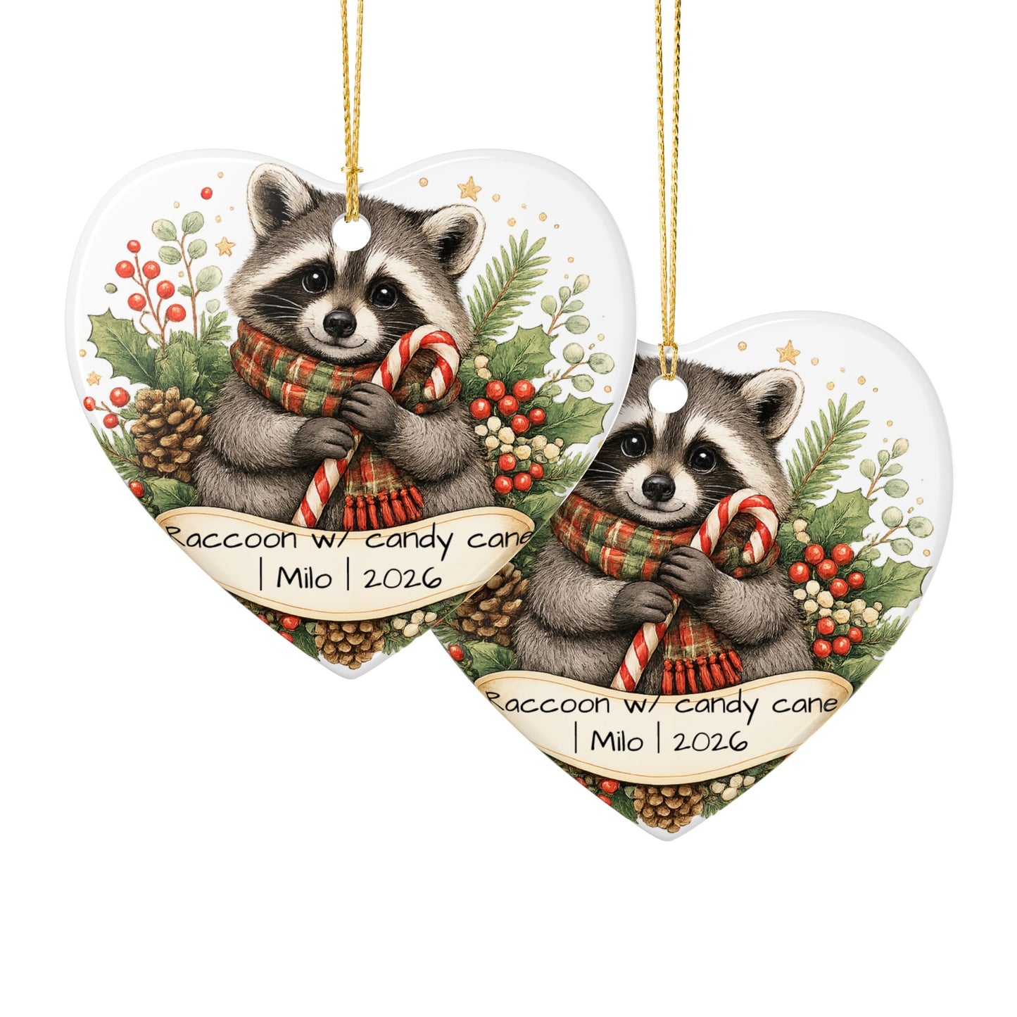 Raccoon with Candy Cane Christmas Ornament Personalized, Cute Ceramic Keepsake with Name, Raccoon Lover Gift 2026