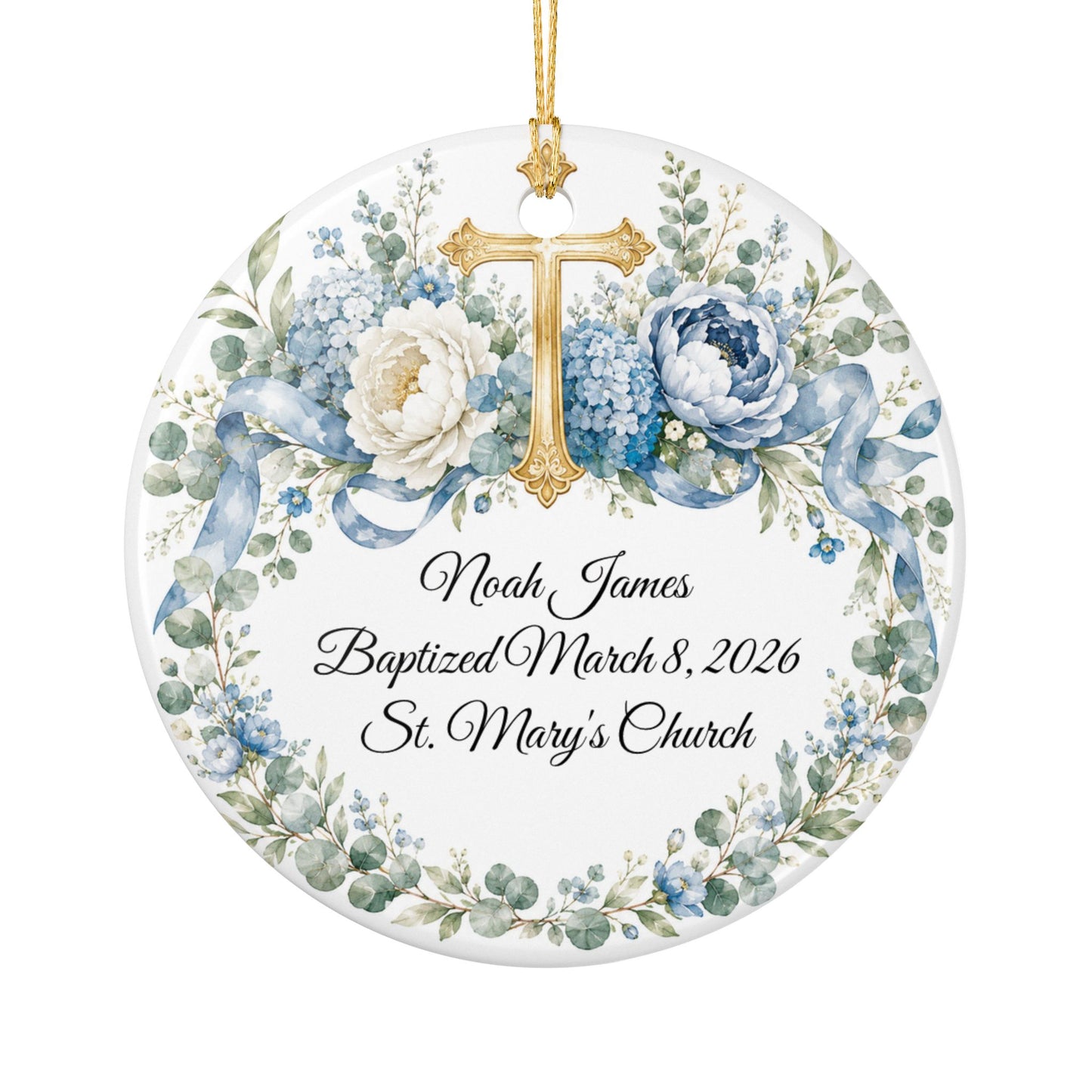 Personalized Baptism Ornament for Boy, Blue Cross Christening Keepsake with Name & Date, Ceramic Godson Gift, Baby Dedication Ornament