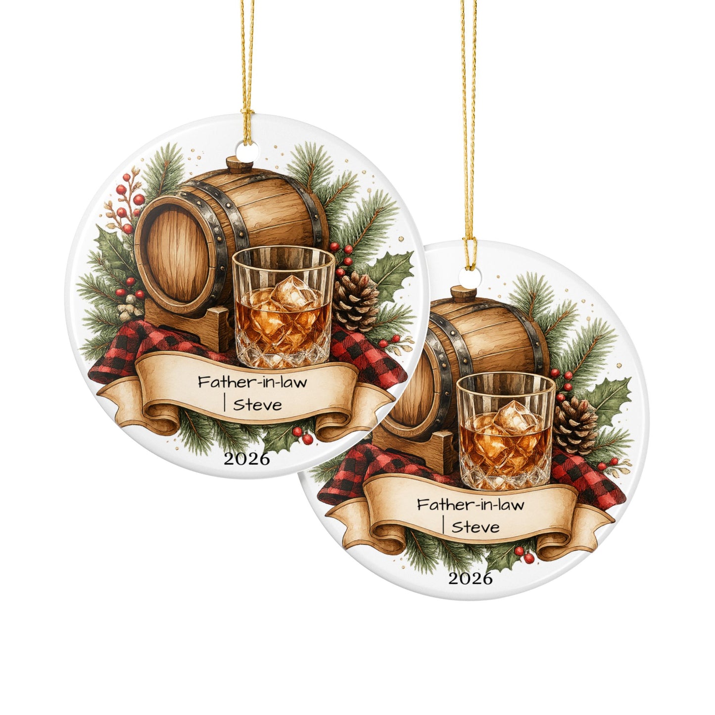 Whiskey Father in Law Ornament Personalized, Rustic Ceramic Keepsake with Name, Bourbon Lover FIL Gift 2026