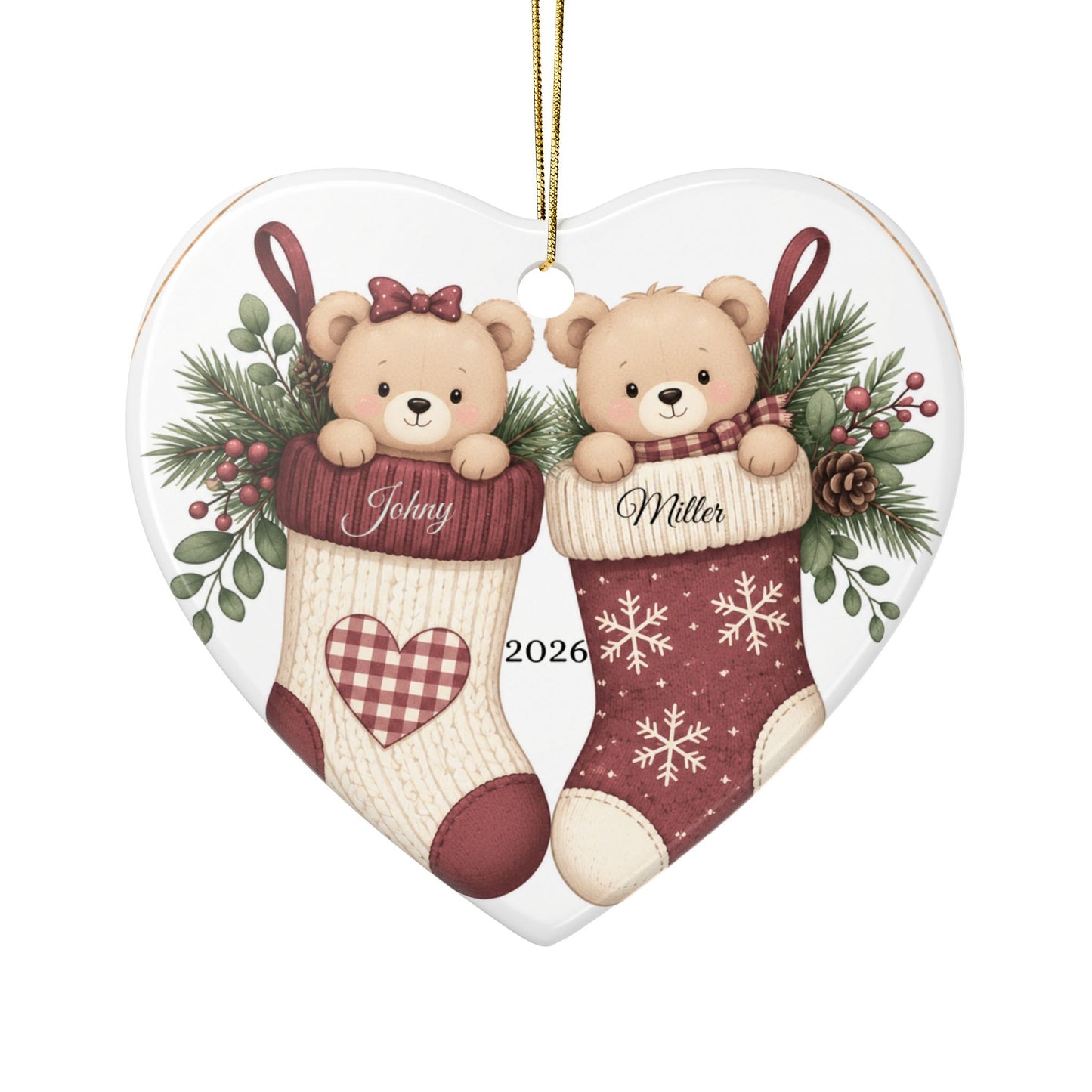 Teddy Bears in Christmas Stockings Ornament | Ceramic Round Holiday Decoration