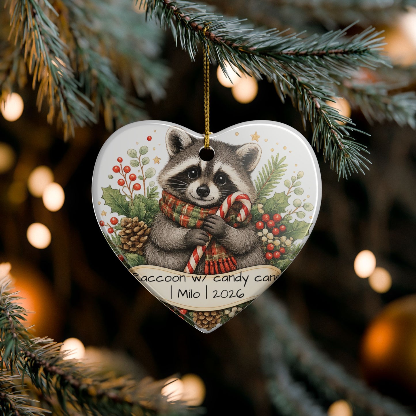 Raccoon with Candy Cane Christmas Ornament Personalized, Cute Ceramic Keepsake with Name, Raccoon Lover Gift 2026