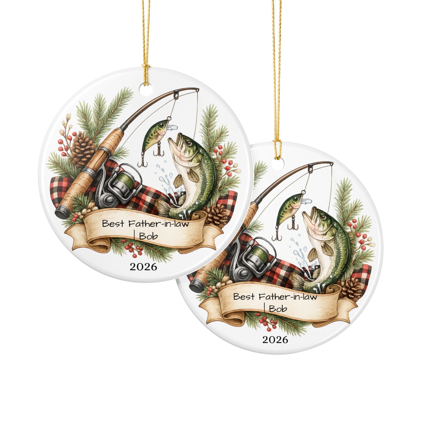 Fishing Father in Law Ornament Personalized, Rustic Ceramic Keepsake with Name, Fisherman FIL Gift 2026