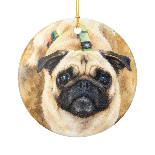 Pug Portrait Ornament | Memorial Ceramic Pet Ornament, Personalized Name & Date