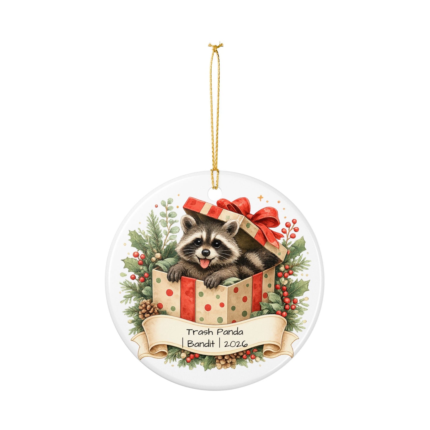 Trash Panda Christmas Ornament Personalized with Name, Funny Cute Ceramic Keepsake, Raccoon Lover Gift 2026
