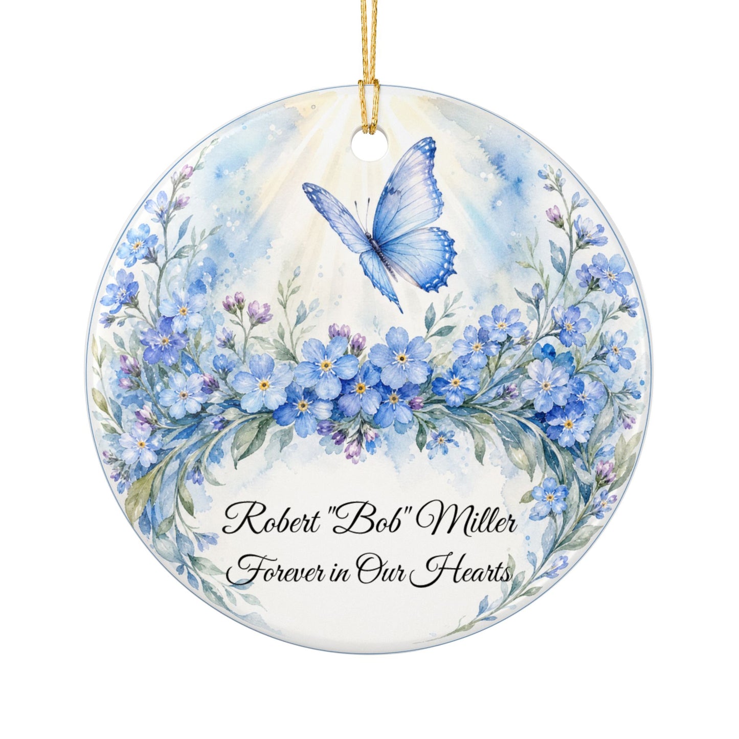 Memorial Ornament Personalized with Name, Butterfly Forget Me Not Remembrance Keepsake, In Loving Memory Sympathy Gift