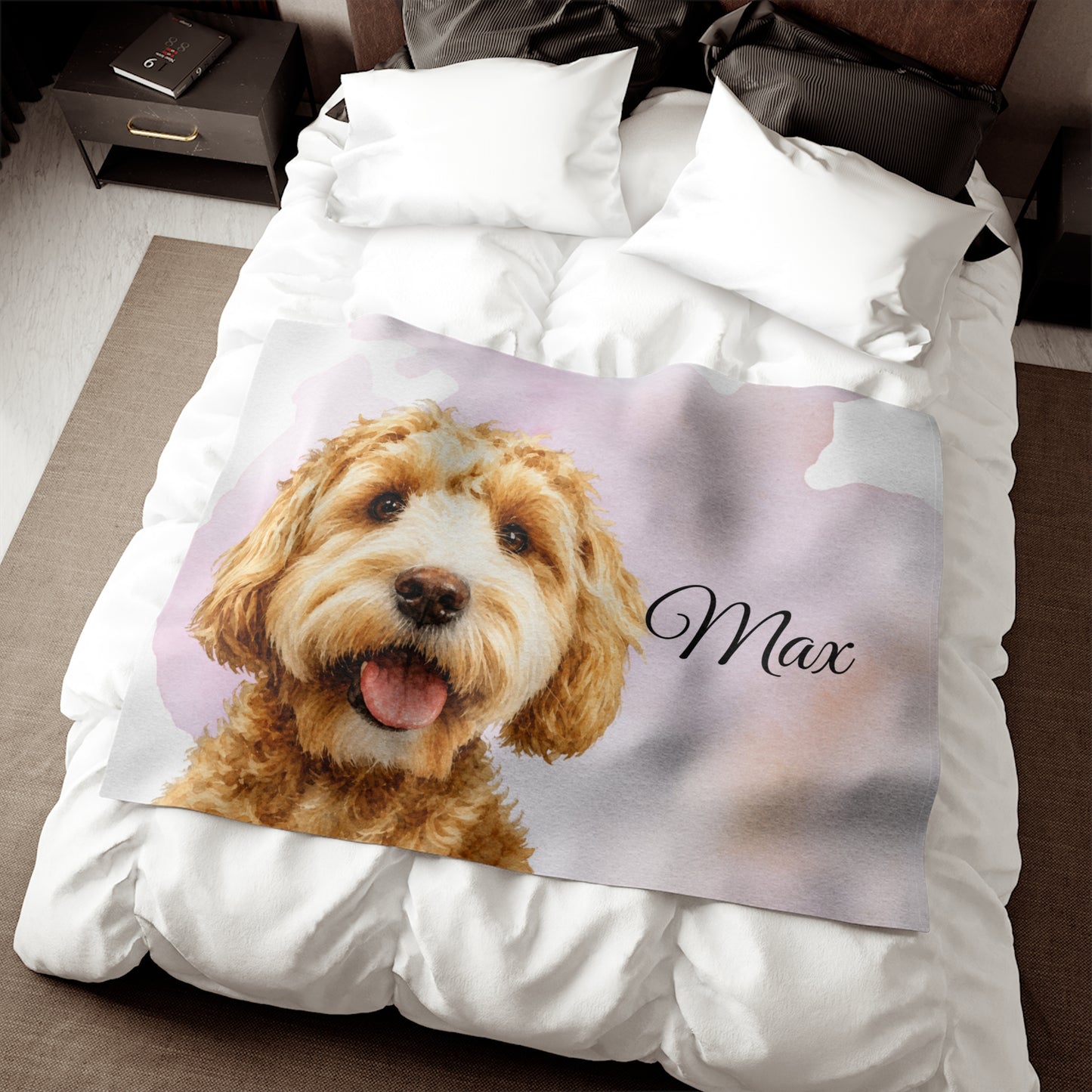 Personalized Dog Portrait Blanket | Watercolor Background, Pet Name