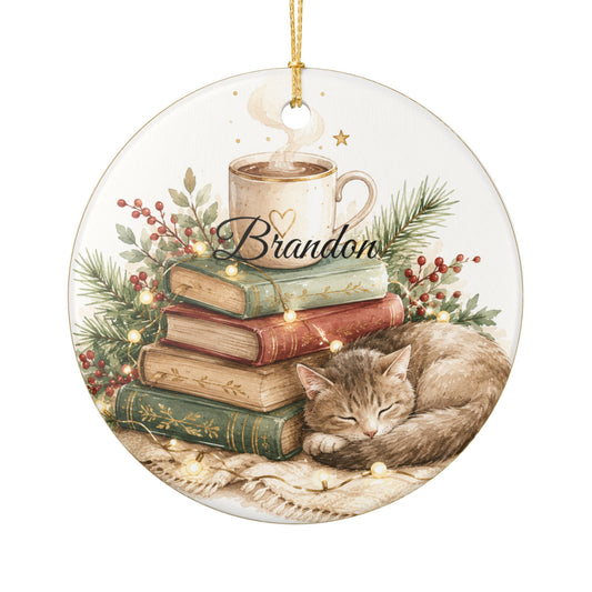 Sleeping Cat with Books and Mug Heart Ornament | Ceramic Ornament