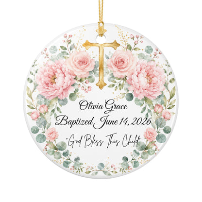 Personalized Baptism Ornament for Girl, Pink Floral Cross Christening Keepsake with Name & Date, Ceramic Godchild Gift, Baby Dedication