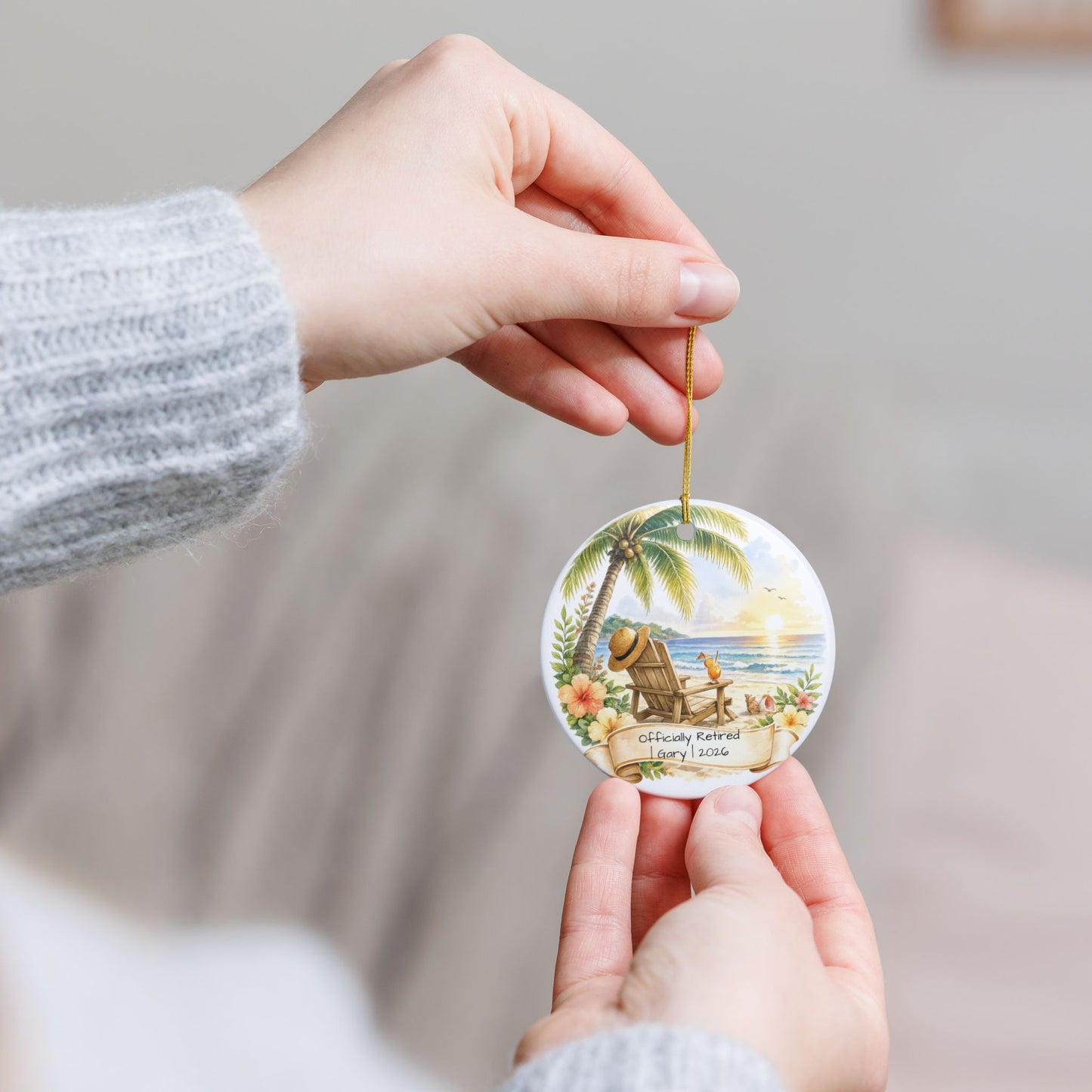 Retirement Christmas Ornament 2026 Personalized with Name, Beach Ceramic Keepsake, Officially Retired Gift, Coworker