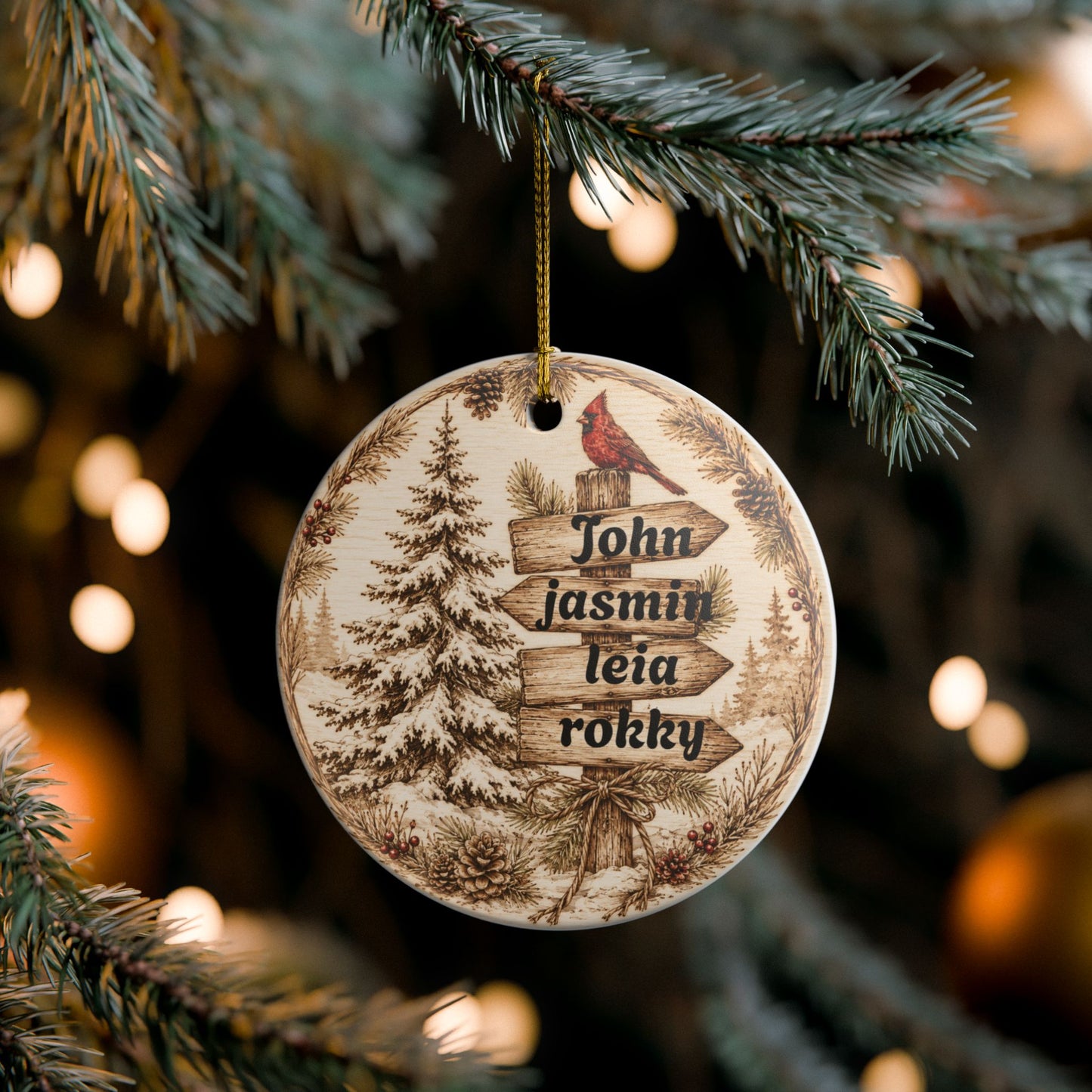 Woodland Cardinal Family Name Ornament, Ceramic Heart Ornament | Personalized Christmas Decor