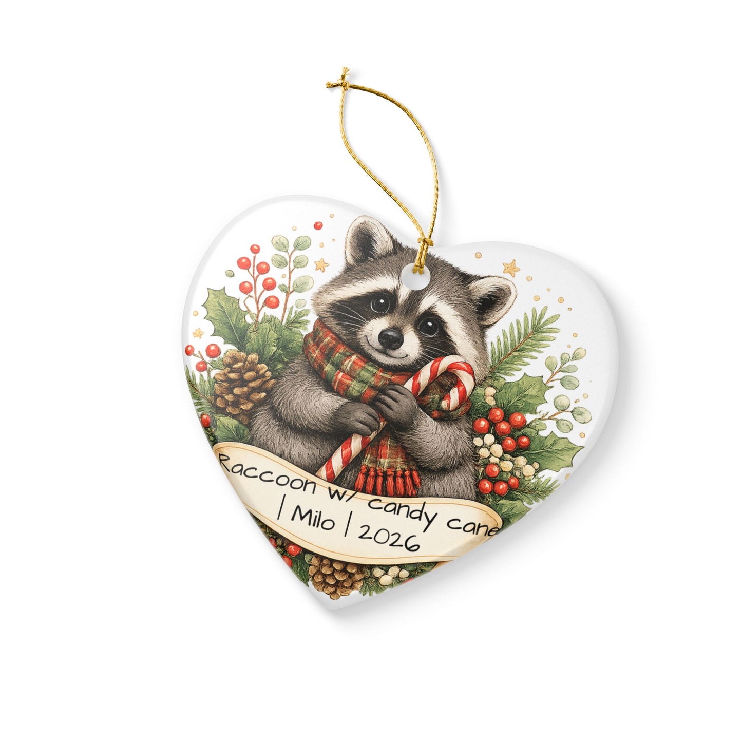Raccoon with Candy Cane Christmas Ornament Personalized, Cute Ceramic Keepsake with Name, Raccoon Lover Gift 2026