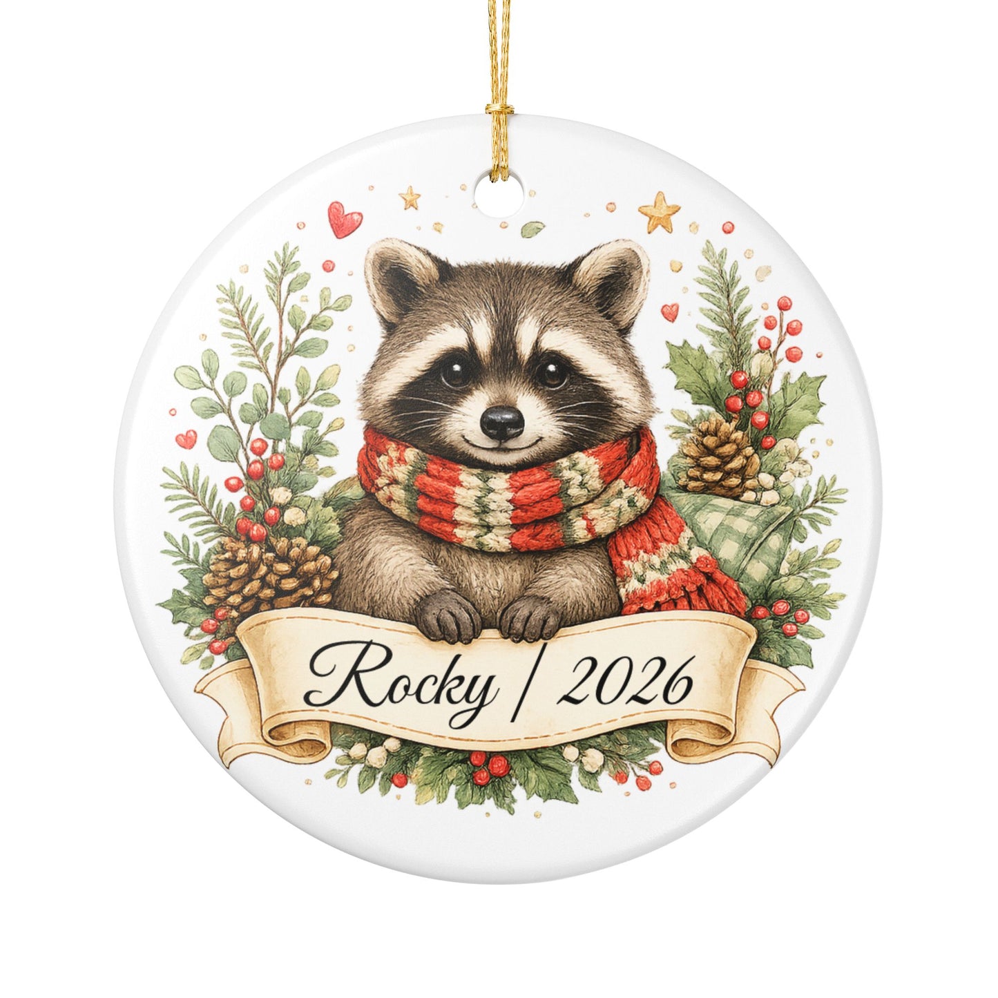 Raccoon Christmas Ornament Personalized with Name, Cute Cozy Ceramic Keepsake, Raccoon Lover Woodland Gift 2026