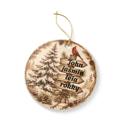 Woodland Cardinal Family Name Ornament, Ceramic Heart Ornament | Personalized Christmas Decor