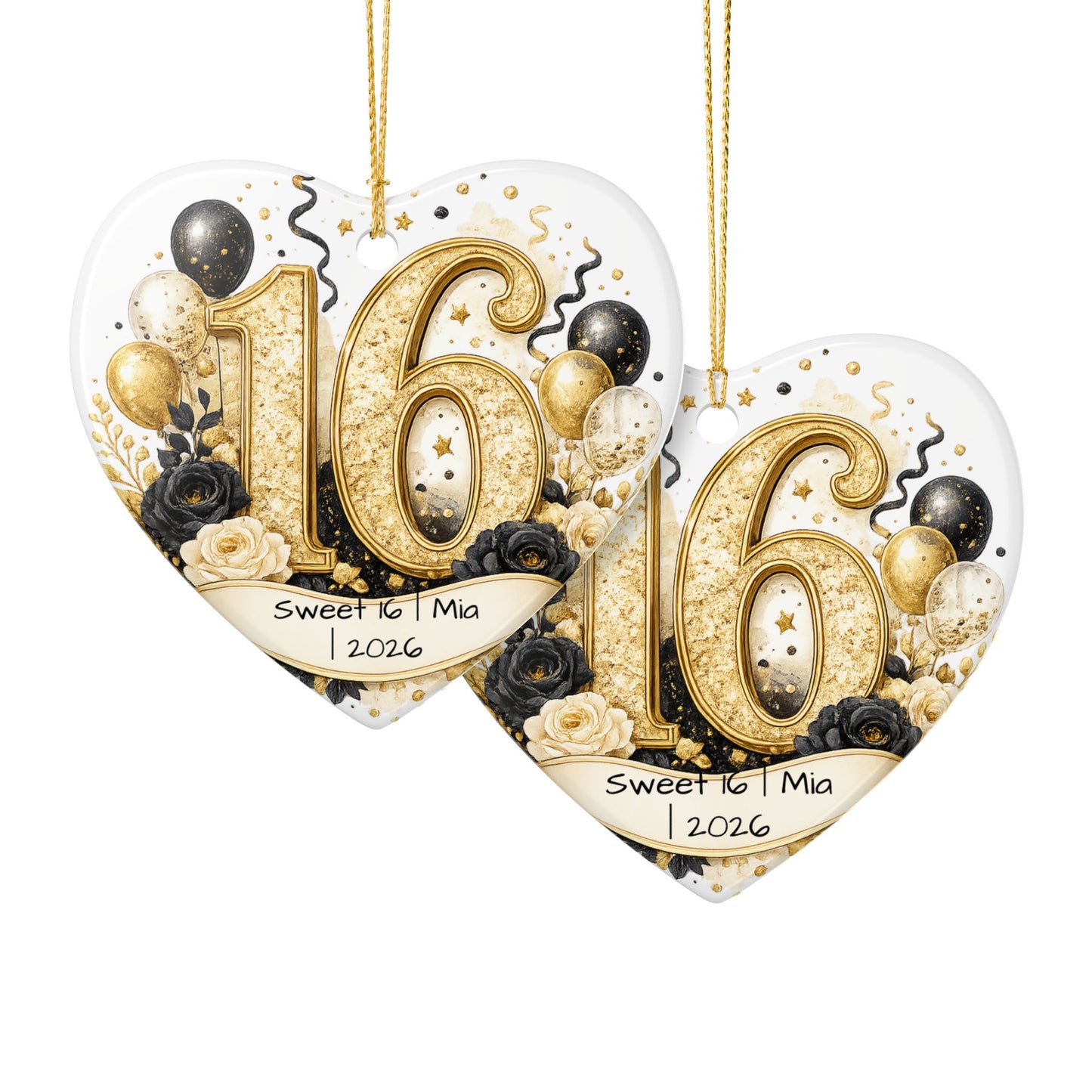 Glam Sweet 16 Christmas Ornament Personalized with Name Year, Black Gold Ceramic Keepsake, 16th Birthday Gift 2026