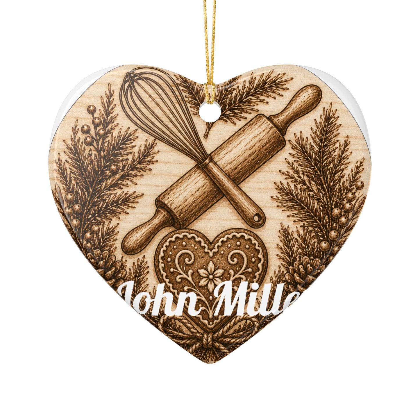 Baking Rolling Pin & Whisk Heart Ceramic Ornament | Kitchen Christmas Decoration