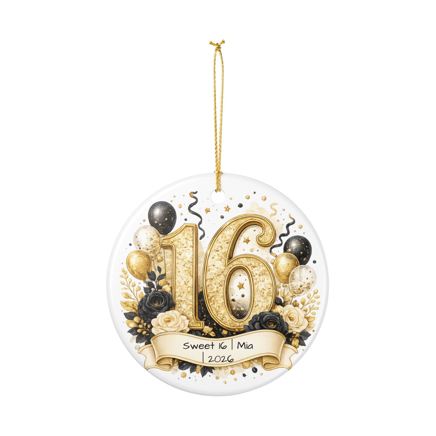 Glam Sweet 16 Christmas Ornament Personalized with Name Year, Black Gold Ceramic Keepsake, 16th Birthday Gift 2026