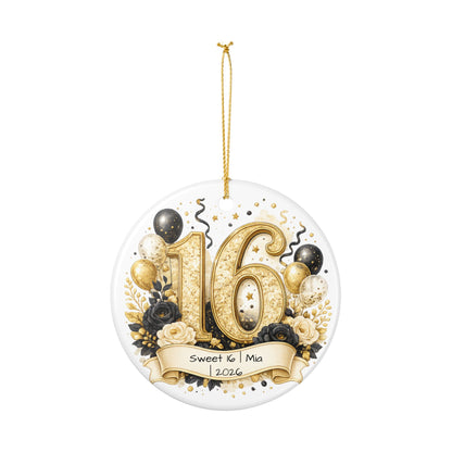 Glam Sweet 16 Christmas Ornament Personalized with Name Year, Black Gold Ceramic Keepsake, 16th Birthday Gift 2026