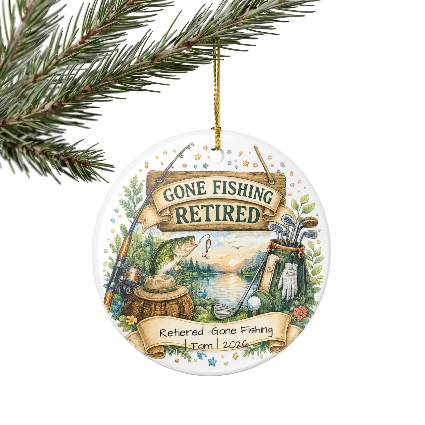 Retirement Ornament 2026 Personalized with Name, Fishing Golf Ceramic Keepsake, Retired Gift for Him, Dad Grandpa
