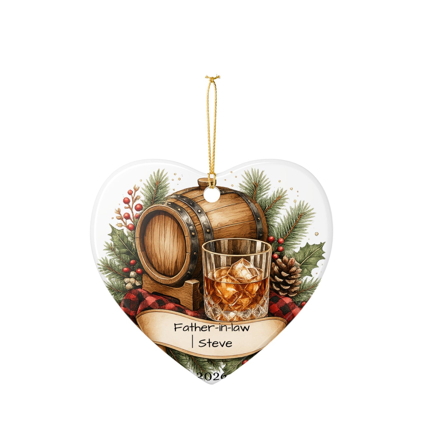 Whiskey Father in Law Ornament Personalized, Rustic Ceramic Keepsake with Name, Bourbon Lover FIL Gift 2026