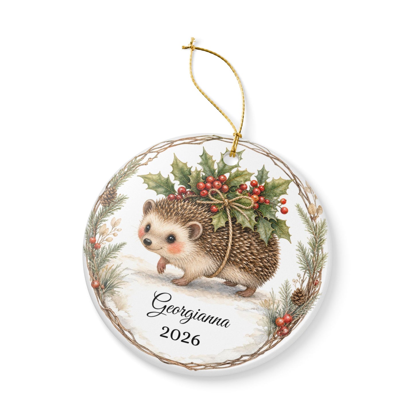 Baby First Christmas Ornament Personalized with Name, Hedgehog Holly Keepsake 2026, Woodland New Baby Shower Gift