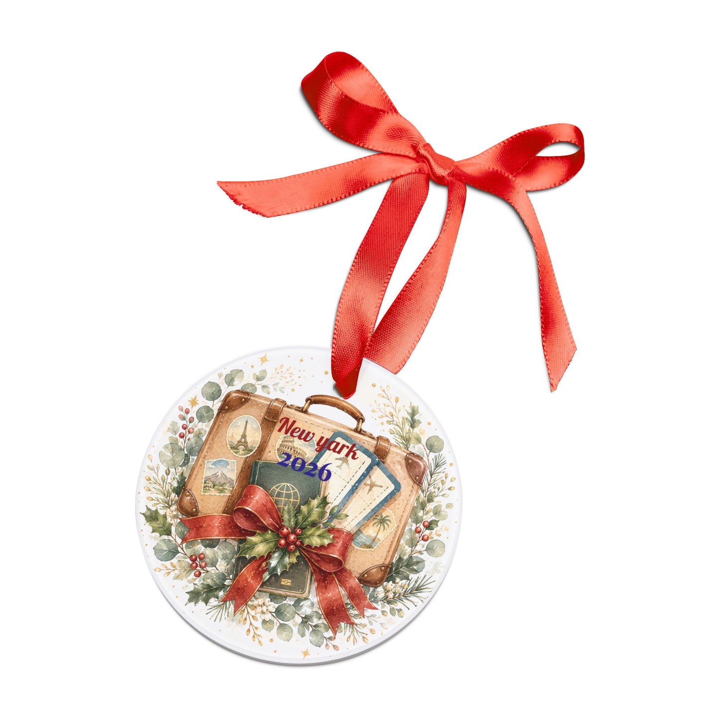 Vintage Travel Suitcase Ornament | Christmas Acrylic Ornament with Ribbon