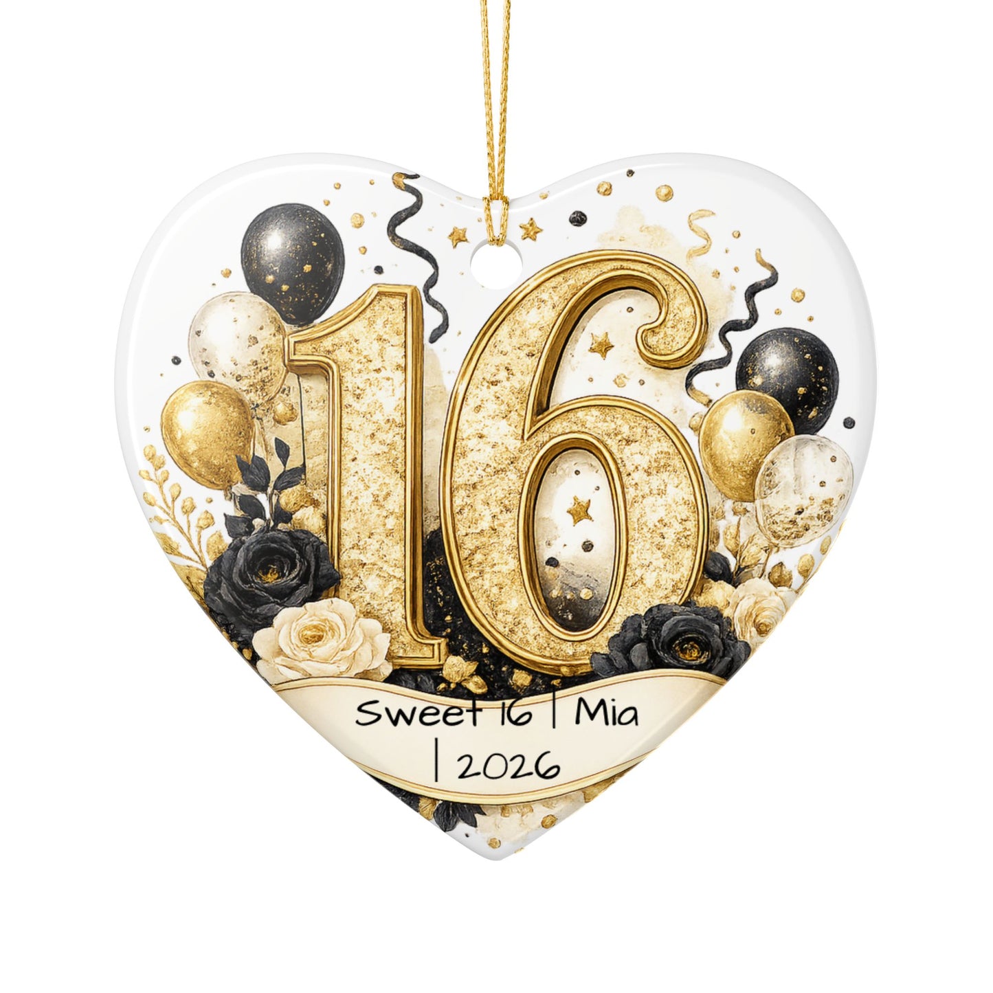 Glam Sweet 16 Christmas Ornament Personalized with Name Year, Black Gold Ceramic Keepsake, 16th Birthday Gift 2026