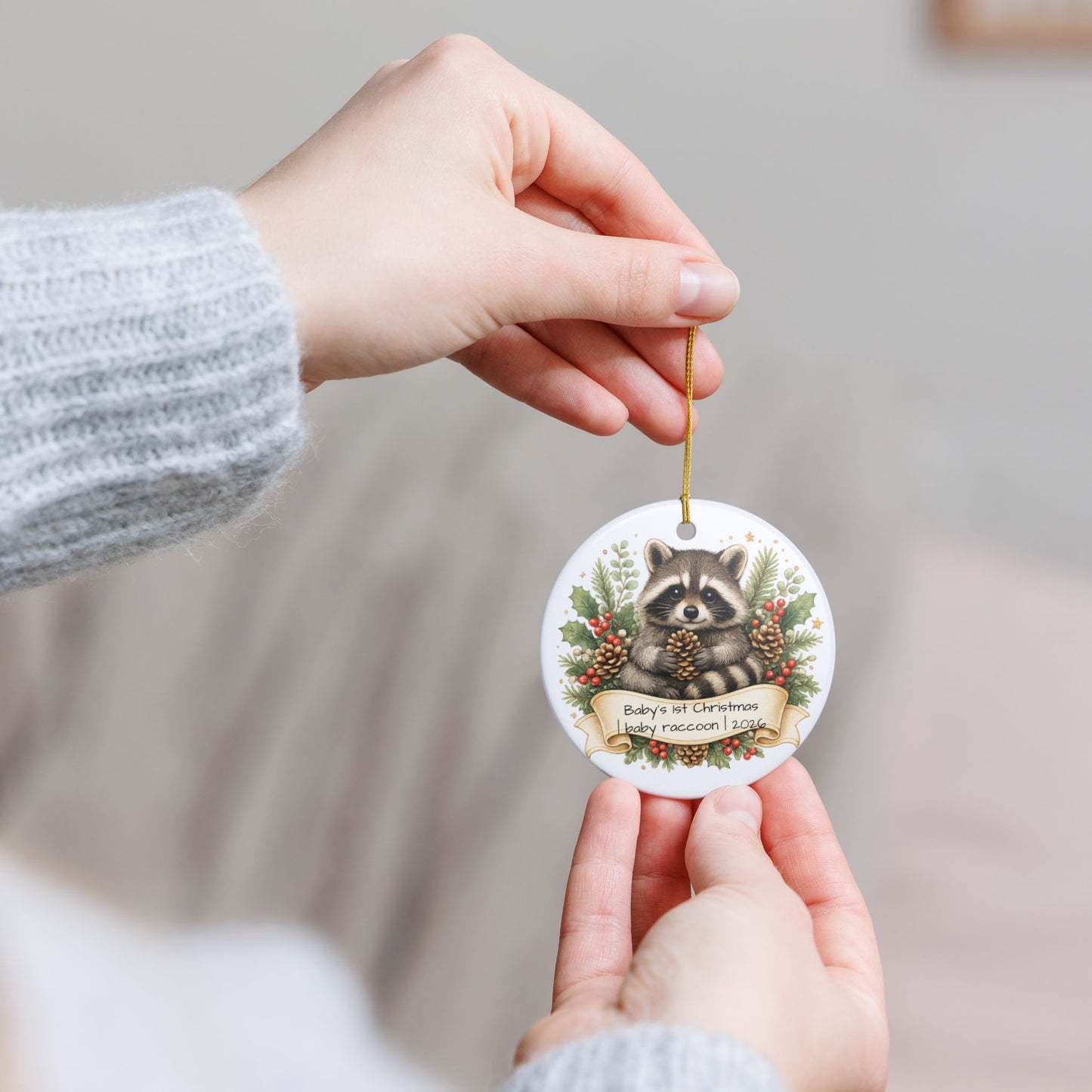 Baby Raccoon Christmas Ornament Personalized with Name, Cute Woodland Ceramic Keepsake, Kids Raccoon Gift 2026