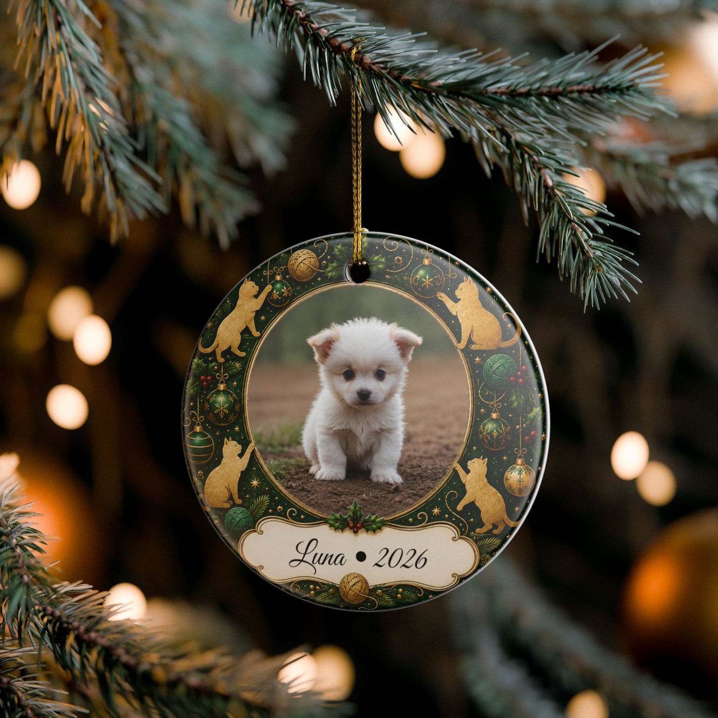 Personalized Puppy Photo Ornament, Ceramic Christmas Ornament | Cat Motif