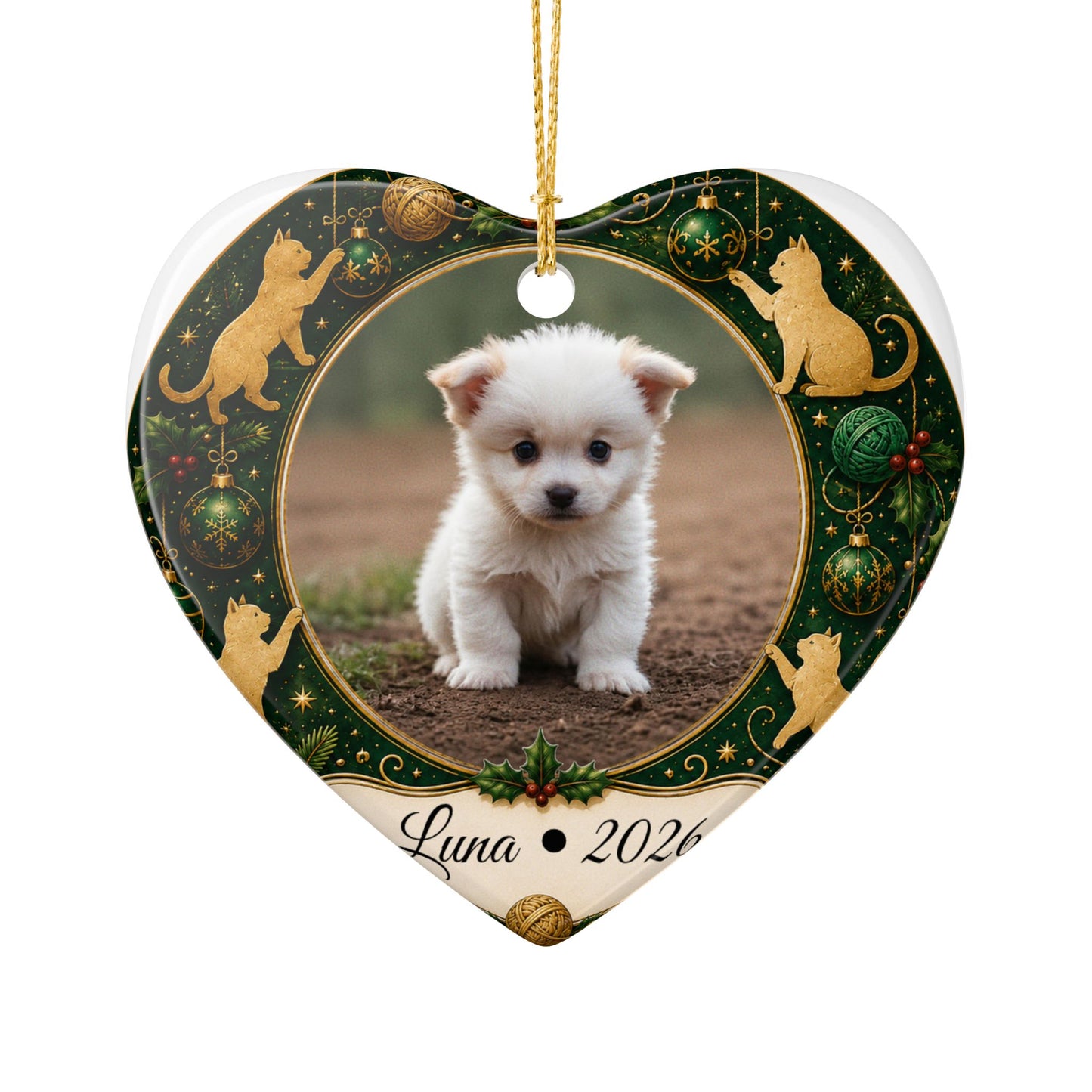 Personalized Puppy Photo Ornament, Ceramic Christmas Ornament | Cat Motif
