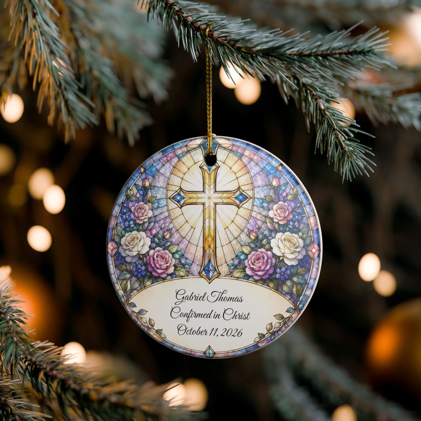Stained Glass Baptism Ornament Personalized, Church Window Christening Keepsake with Name, Ceramic Religious Gift, Confirmation Ornament