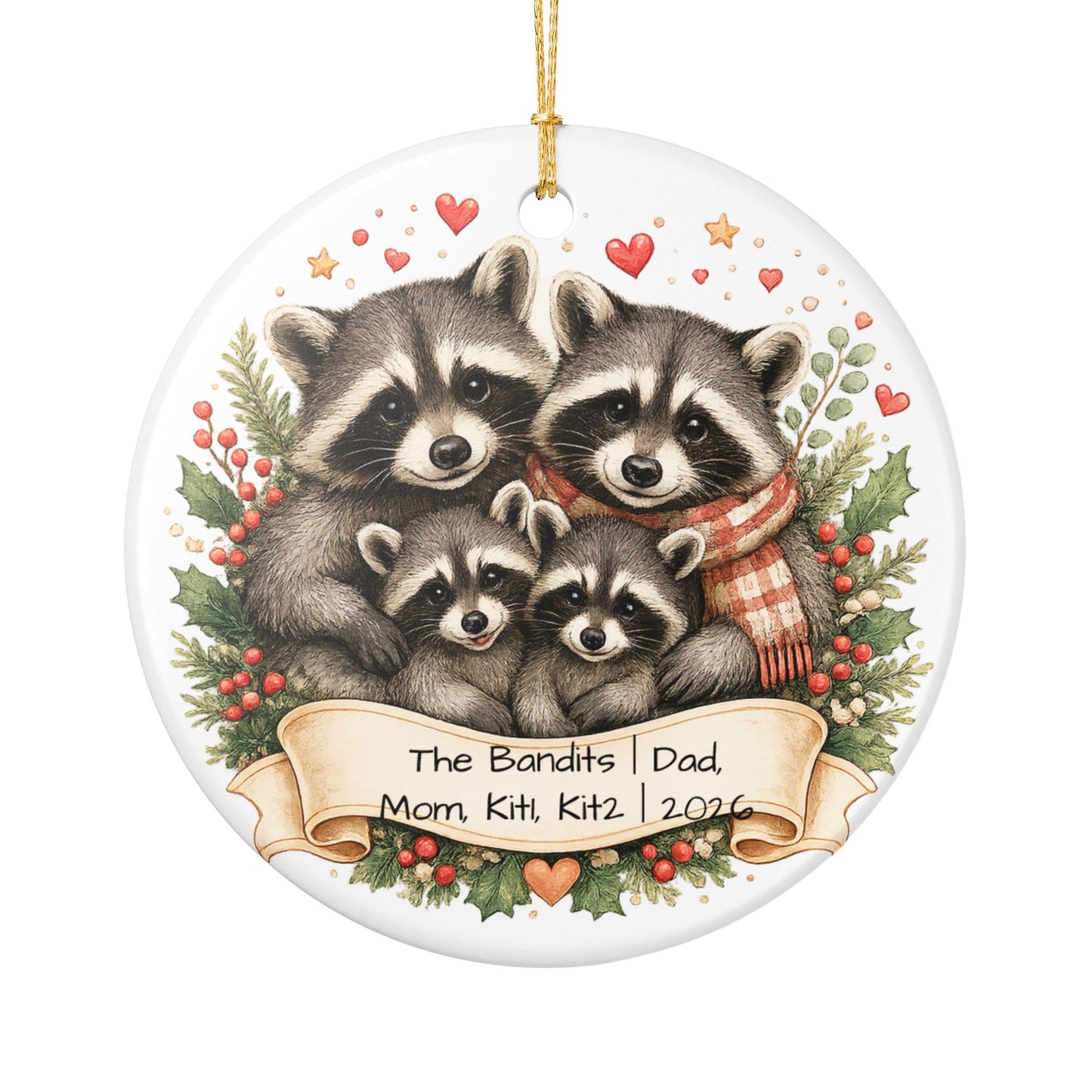 Raccoon Family Christmas Ornament Personalized with Names, Cute Ceramic Keepsake, Woodland Family Gift 2026