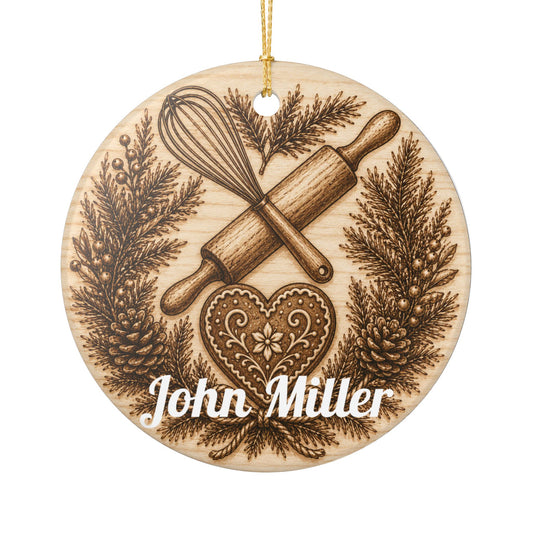Baking Rolling Pin & Whisk Heart Ceramic Ornament | Kitchen Christmas Decoration