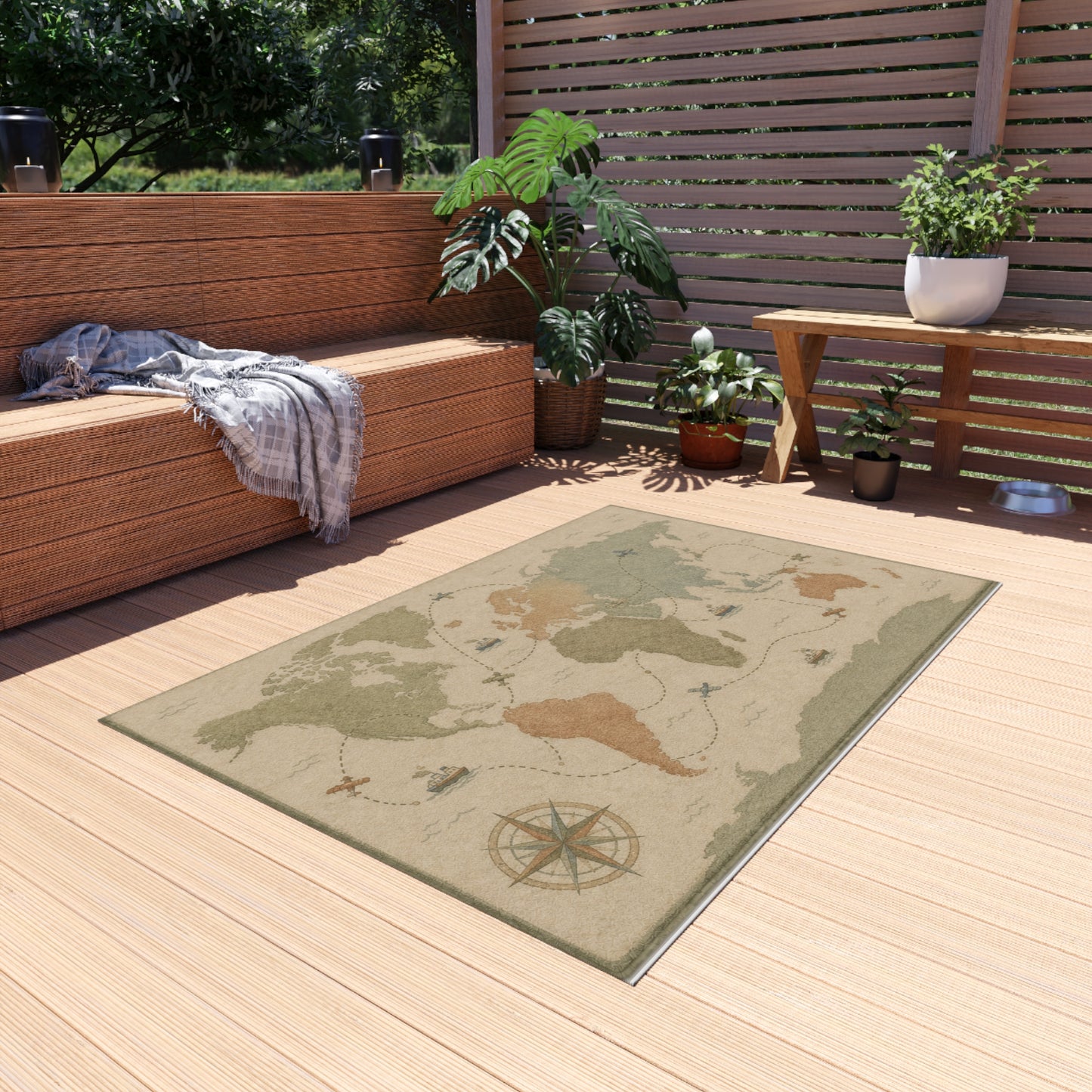 Vintage World Map Outdoor Rug | Nautical Compass, Ships, Travel Accent