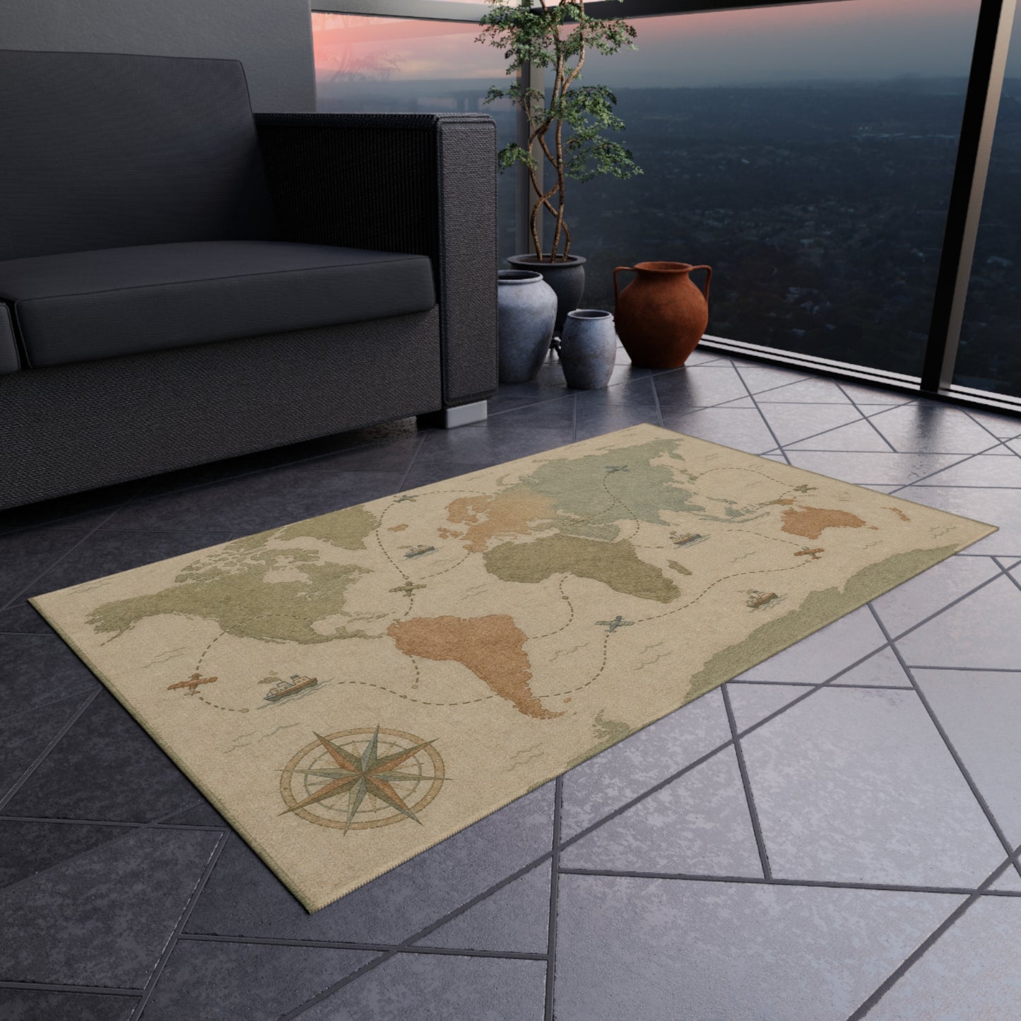 Vintage World Map Outdoor Rug | Nautical Compass, Ships, Travel Accent