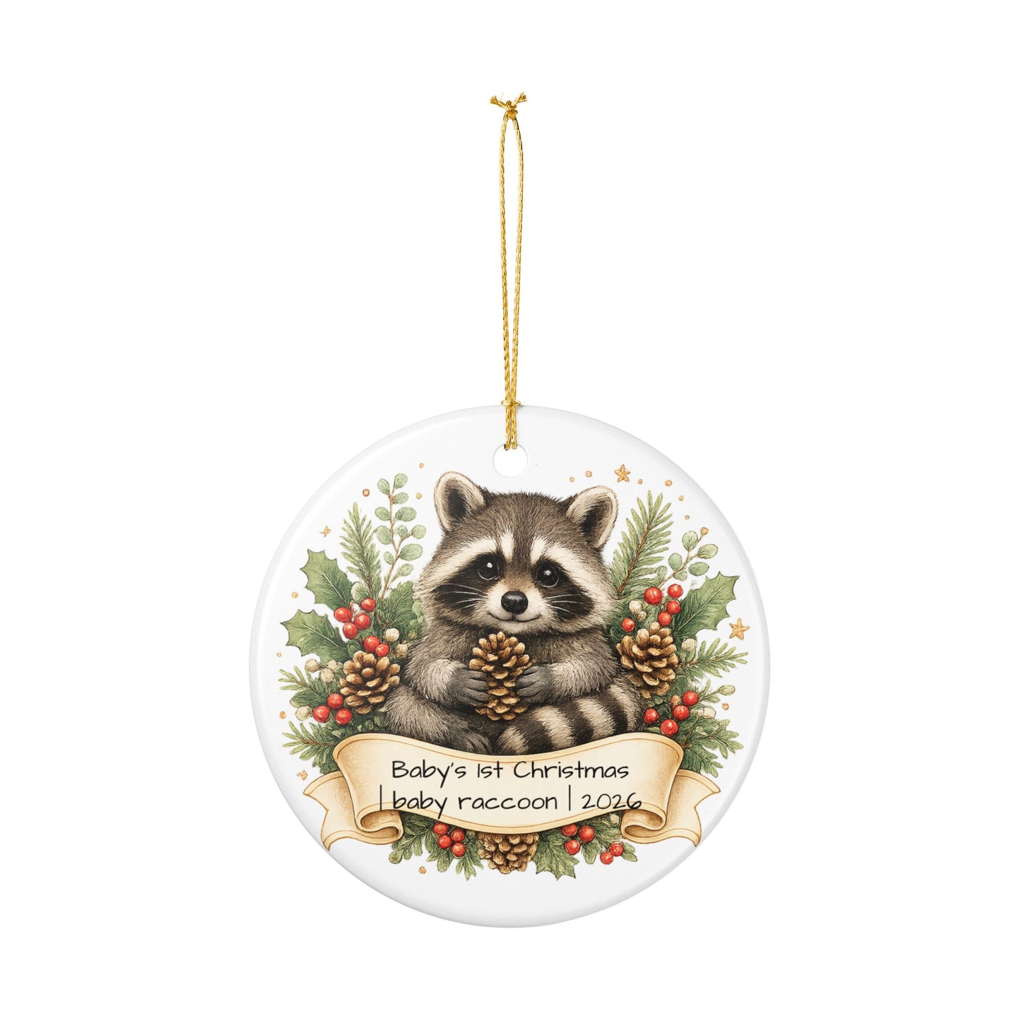 Baby Raccoon Christmas Ornament Personalized with Name, Cute Woodland Ceramic Keepsake, Kids Raccoon Gift 2026