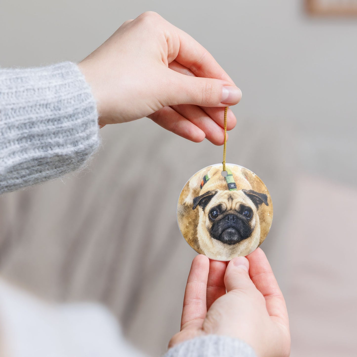 Pug Portrait Ornament | Memorial Ceramic Pet Ornament, Personalized Name & Date