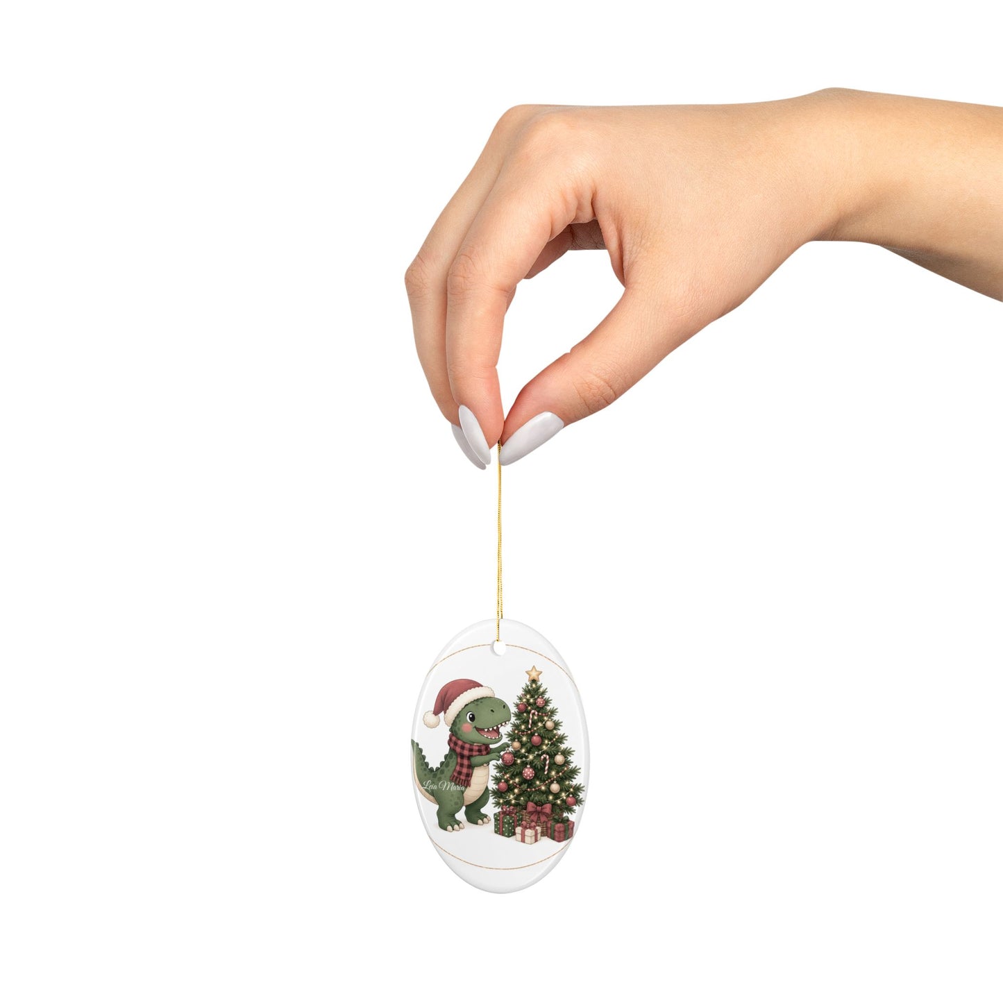 Cute Dino with Santa Hat Christmas Tree Ornament | Ceramic Ornament
