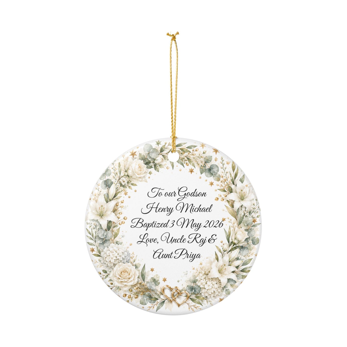 Godchild Baptism Ornament from Godparents, Personalized Christening Gift with Name & Date, Ceramic Keepsake, God Bless You Little One