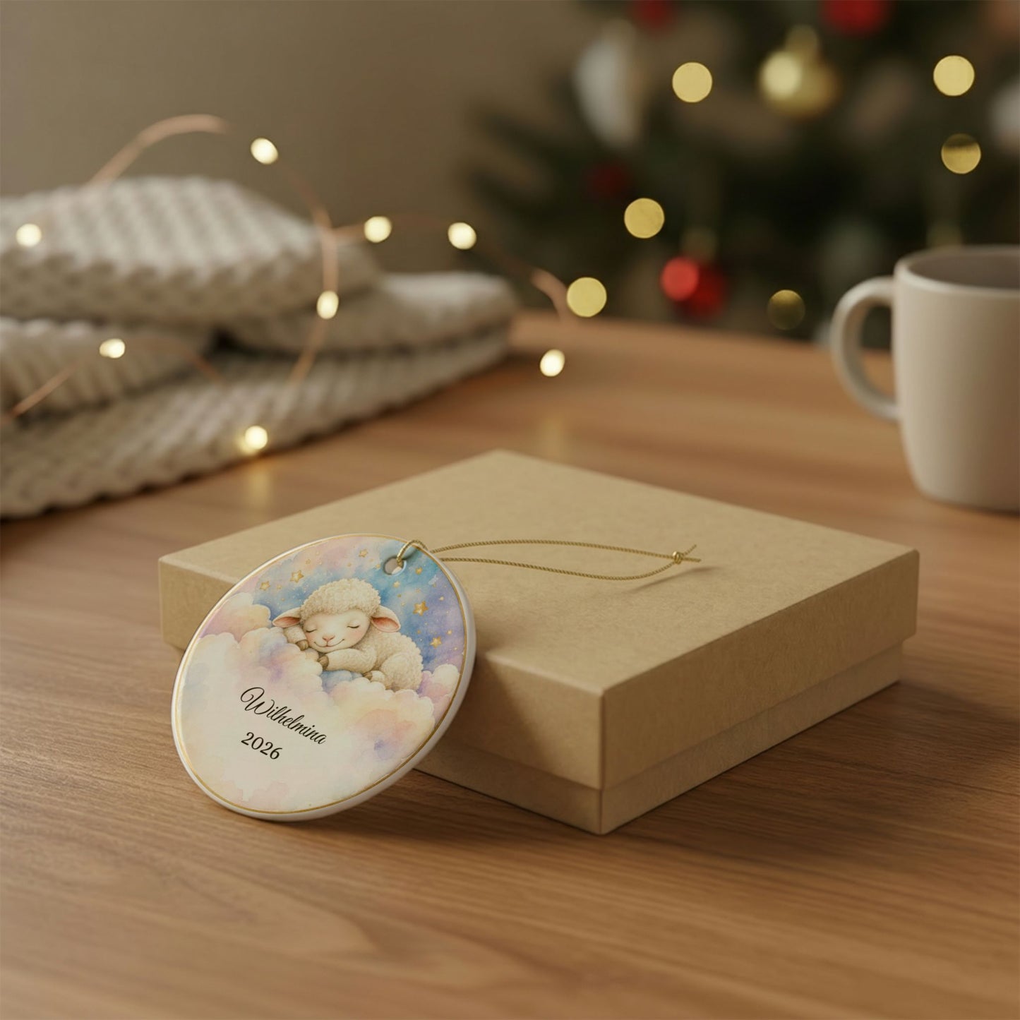 Baby First Christmas Ornament Personalized, Lamb on Cloud Keepsake with Name, Baptism Christening Gift, New Baby Ornament