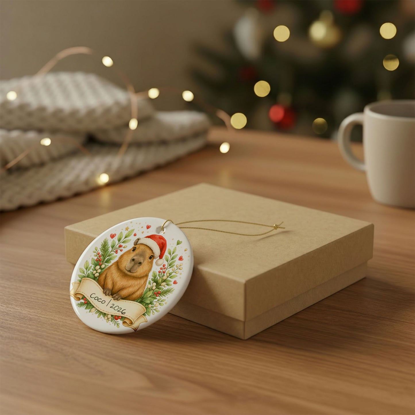 Capybara Christmas Ornament Personalized with Name, Cute Santa Hat Ceramic Keepsake, Capybara Lover Gift 2026