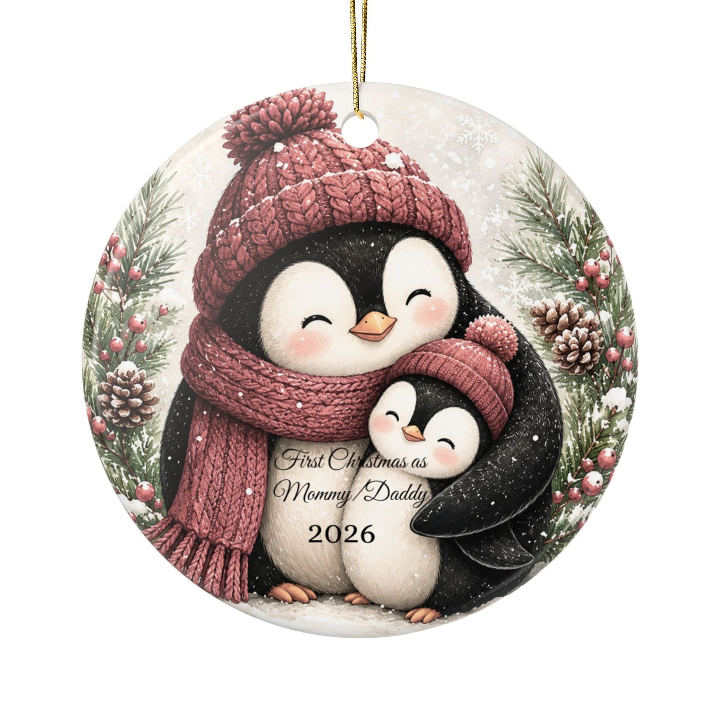 Penguin Family Hug Ceramic Ornament | 2026 Holiday Keepsake