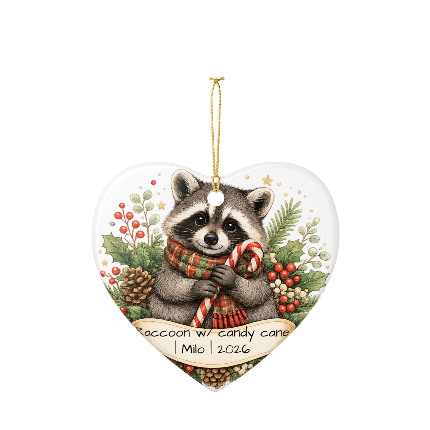 Raccoon with Candy Cane Christmas Ornament Personalized, Cute Ceramic Keepsake with Name, Raccoon Lover Gift 2026