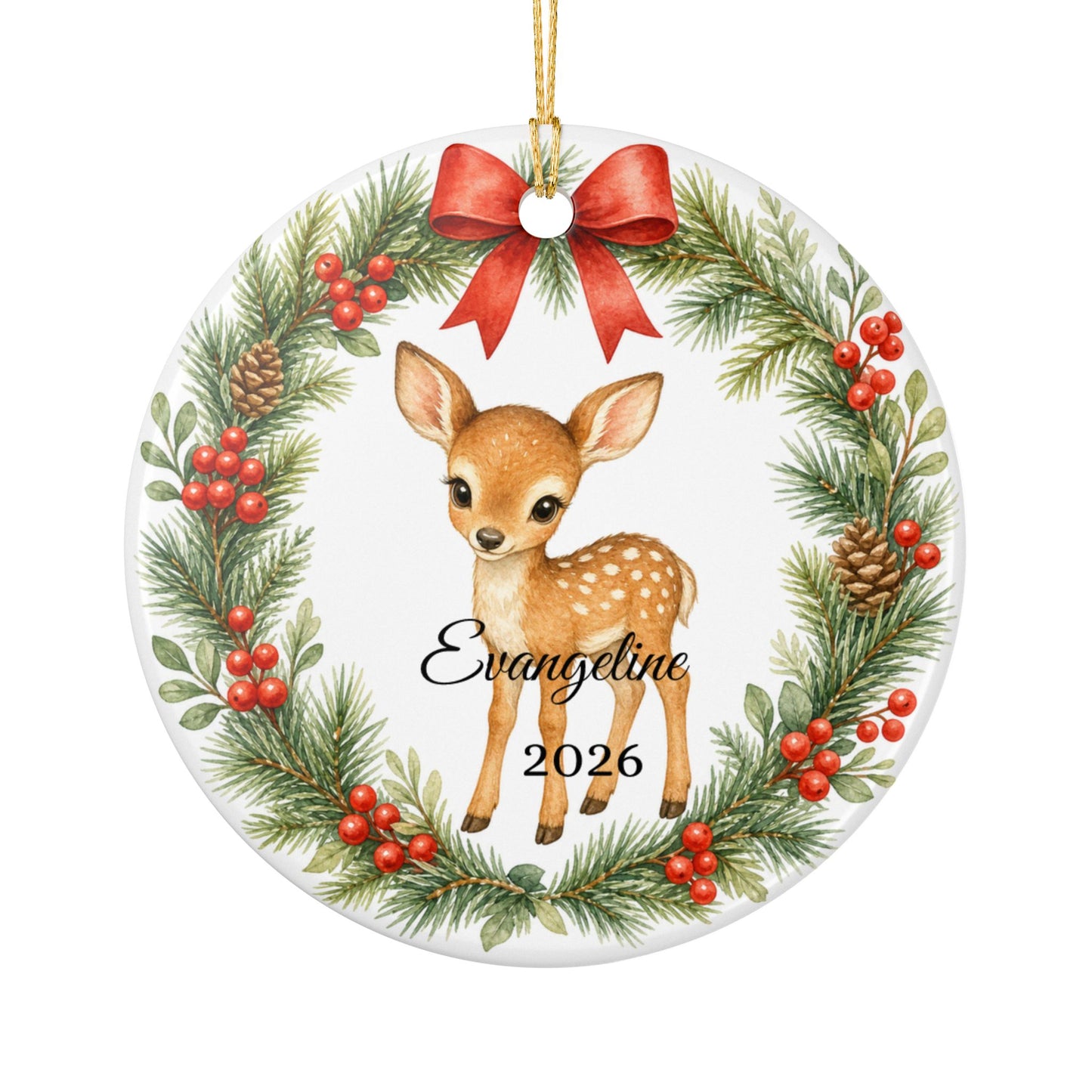 Baby First Christmas Ornament Personalized with Name, Woodland Deer Fawn Wreath Keepsake 2026, New Baby Woodland Gift